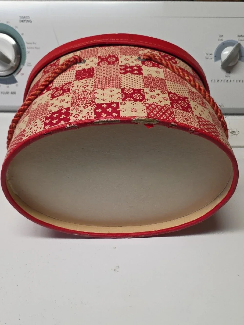 VINTAGE 50'S Large Sewing Container, Box, Storage Red Patchwork with Rope Handle